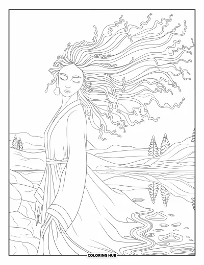 Dibujo de cara de niña para adultos: Una mujer con patrones de cabello ondulado medita cerca de una masa de agua reflectante