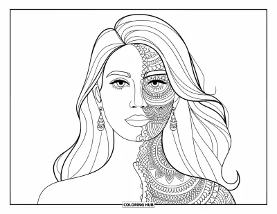 Dibujo de cara de niña para adultos: El rostro de una mujer está adornado con intrincados diseños inspirados en el henna en un lado