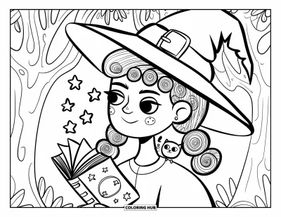 Dibujo de cara de niña para adultos: Una joven bruja con coletas rizadas y un sombrero ladeado sostiene un libro mágico con estrellas flotando