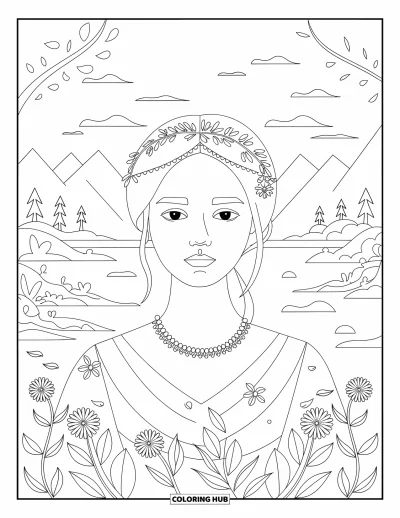Dibujo de cara de niña para adultos: Una joven con un tocado ornamentado se sienta en un paisaje tranquilo de árboles y agua
