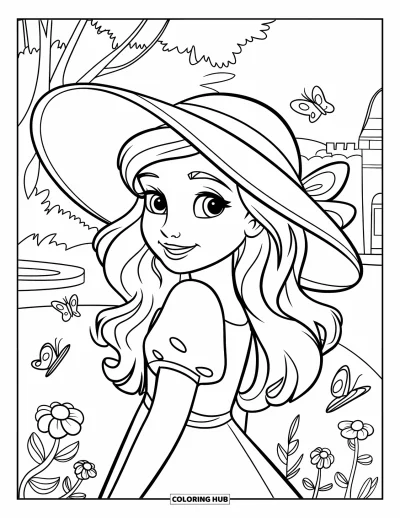 Dibujo para colorear de cara de niña para niños: Una niña alegre con un sombrero para el sol está de pie al aire libre, rodeada de mariposas y flores florecientes