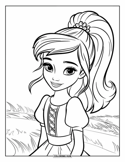 Dibujo para colorear de cara de niña para niños: Una niña alegre con una coleta alta y una flor está de pie en un campo floreciente