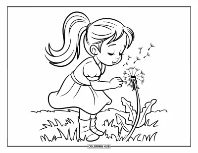Dibujo para colorear de cara de niña para niños: Una niña alegre con una coleta sopla suavemente un diente de león en una pradera verde