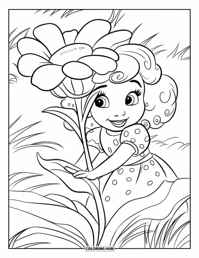 Dibujo para colorear de cara de niña para niños: Una niña alegre con pelo rizado asoma por detrás de una flor rosa en un campo verde
