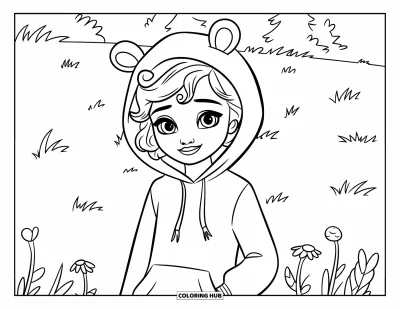 Dibujo para colorear de cara de niña para niños: Una niña alegre con pelo rizado lleva una sudadera con capucha con pequeñas orejas mientras está de pie en un campo