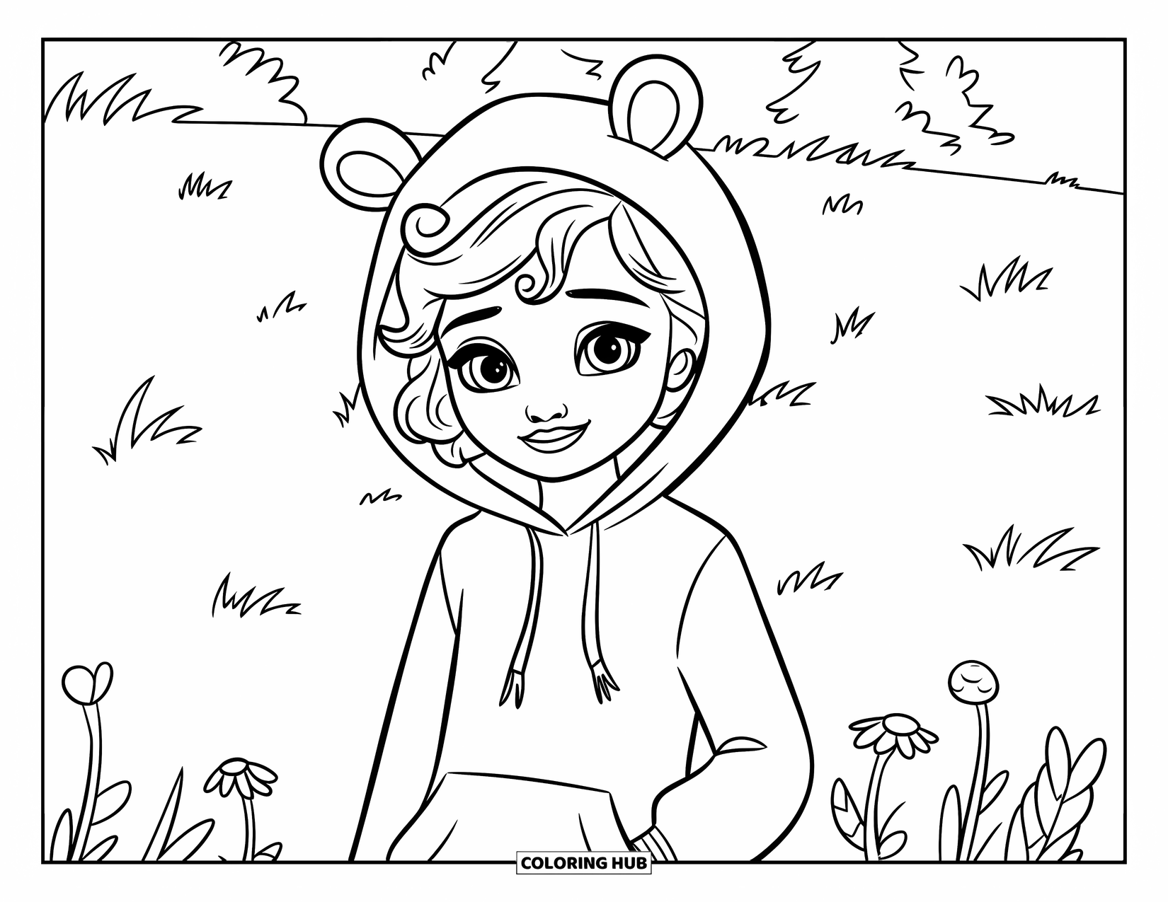Meisjesgezicht Kleurplaat voor Kinderen: Een vrolijk meisje met krullend haar draagt een hoodie met kleine oren terwijl ze in een veld staat