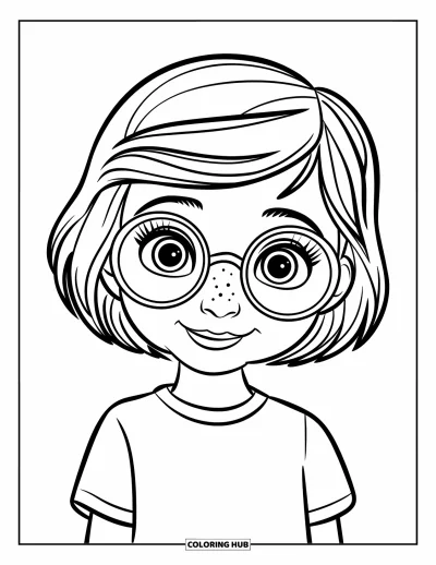 Dibujo para colorear de cara de niña para niños: Una niña alegre con gafas redondas y pelo ondulado está de pie sobre un fondo blanco