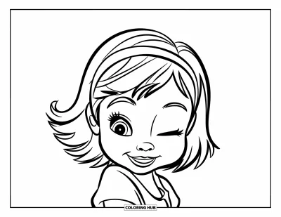 Dibujo para colorear de cara de niña para niños: Una niña pequeña alegre con una diadema está de pie sobre un fondo blanco, lista para ser coloreada