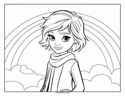 Dibujo para colorear de cara de niña para niños: Una niña segura de sí misma con pelo corto y despeinado y una bufanda está de pie sobre una nube bajo un arcoíris