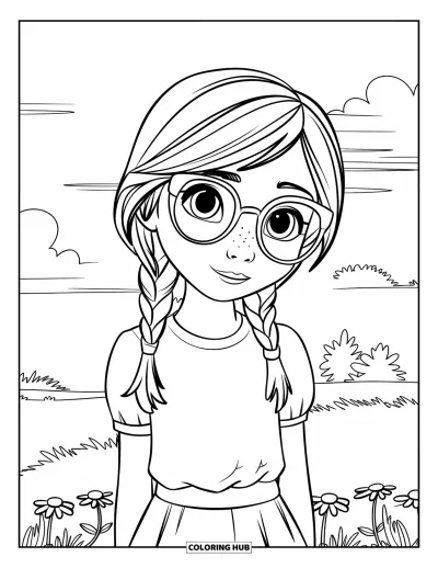 Dibujo para colorear de cara de niña para niños: Una niña curiosa con trenzas y gafas está de pie bajo un cielo brillante con árboles al fondo