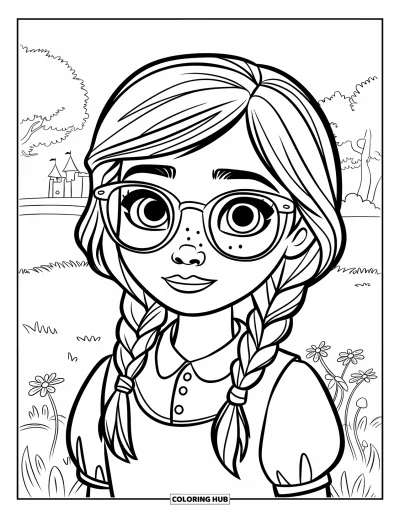 Dibujo para colorear de cara de niña para niños: Una niña curiosa con gafas y pelo trenzado está de pie en un campo de hierba con flores