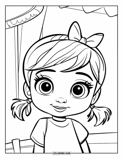 Dibujo para colorear de cara de niña para niños: Una niña linda con coletas y un lazo está de pie en un fondo simple, sonriendo alegremente