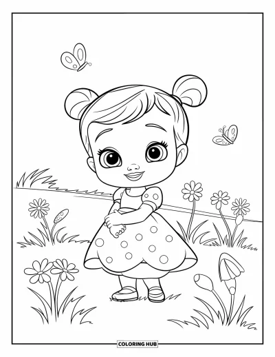 Dibujo para colorear de cara de niña para niños: Una niña pequeña linda con pequeños moños y un vestido de lunares está de pie entre mariposas en un campo