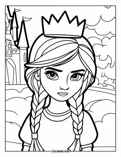 Dibujo para colorear de cara de niña para niños: Una niña decidida con pelo trenzado y una corona está de pie sobre una nube ante un gran castillo