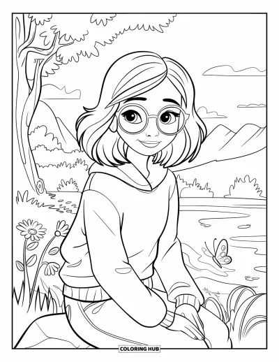 Dibujo para colorear de cara de niña para niños: Una niña amable con pelo ondulado y gafas está sentada en una roca, rodeada de la belleza de la naturaleza