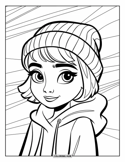 Dibujo para colorear de cara de niña para niños: Una niña con un gorro y una sudadera con capucha está de pie con una expresión genial sobre un fondo sencillo