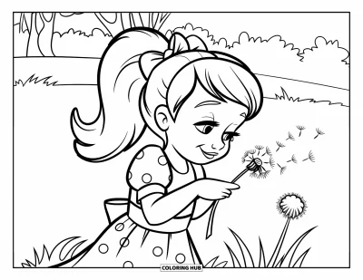 Dibujo para colorear de cara de niña para niños: Una niña con un vestido de lunares y un lazo rojo sopla un diente de león en un campo de hierba