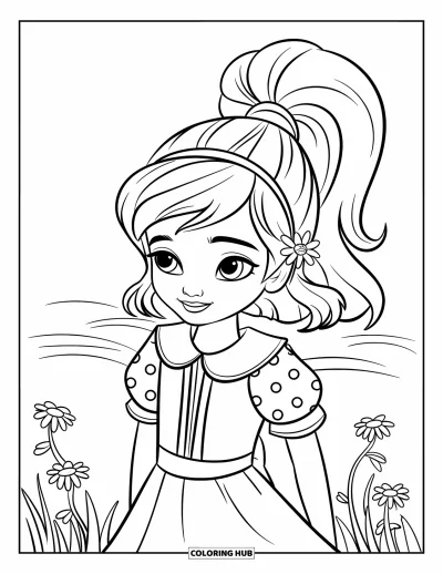 Dibujo para colorear de cara de niña para niños: Una niña con un vestido de lunares está de pie en un campo de hierba con suaves olas en la distancia
