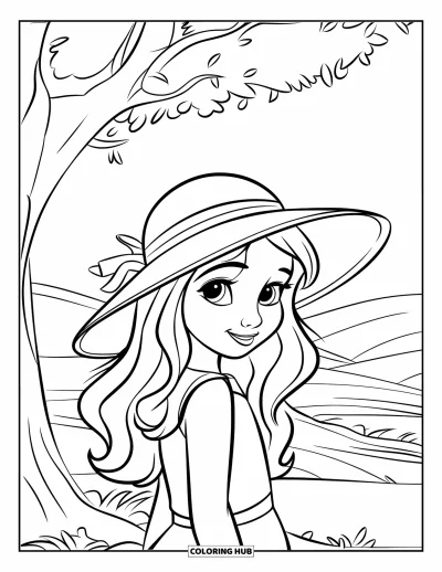 Dibujo de caras de niñas para colorear para niños: Una niña con sombrero de sol está junto a un árbol disfrutando de un paisaje tranquilo con colinas