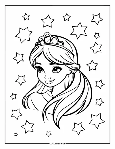 Dibujo para colorear de cara de niña para niños: Una niña con una tiara sonríe mientras las estrellas brillan a su alrededor en el cielo abierto