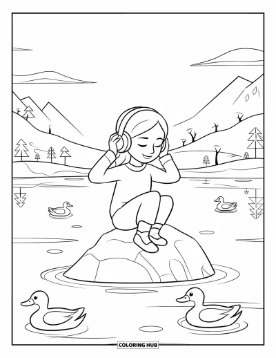 Dibujo para colorear de cara de niña para niños: Una niña con auriculares está sentada en una roca en un lago sereno, disfrutando de música tranquila