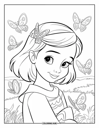 Dibujo para colorear de cara de niña para niños: Una niña con una pinza de pelo de mariposa sonríe mientras las mariposas revolotean a su alrededor en un campo verde
