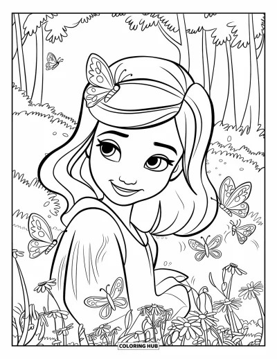 Dibujo para colorear de cara de niña para niños: Una niña con una pinza de pelo de mariposa está de pie entre mariposas en un exuberante bosque lleno de flores silvestres