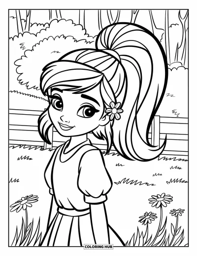 Dibujo de caras de niñas para colorear para niños: Una niña con una flor en el cabello está de pie en un prado con una valla de madera