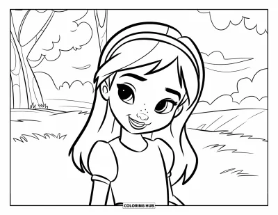 Dibujo para colorear de cara de niña para niños: Una niña con una diadema y una sonrisa juguetona está de pie en un campo bajo nubes esponjosas