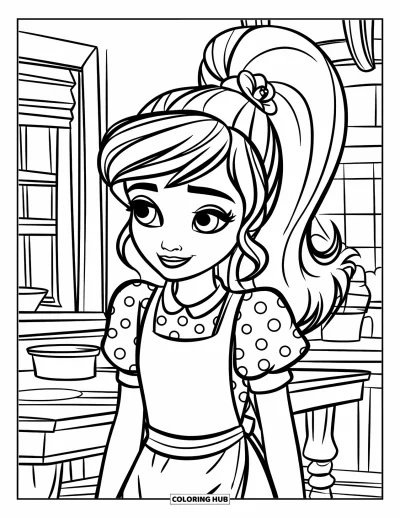 Dibujo para colorear de cara de niña para niños: Una niña con una coleta alta y una flor detrás de la oreja sonríe en una cocina acogedora