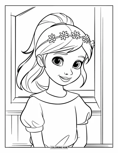 Dibujo para colorear de cara de niña para niños: Una niña con una coleta y una corona de flores está de pie en un fondo minimalista de líneas limpias