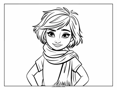 Dibujo para colorear de cara de niña para niños: Una niña con una bufanda envuelta varias veces alrededor de su cuello está de pie con una postura segura