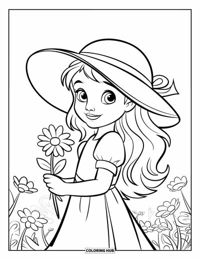 Dibujo para colorear de cara de niña para niños: Una niña con un sombrero para el sol sostiene una flor mientras está de pie en un jardín lleno de flores coloridas