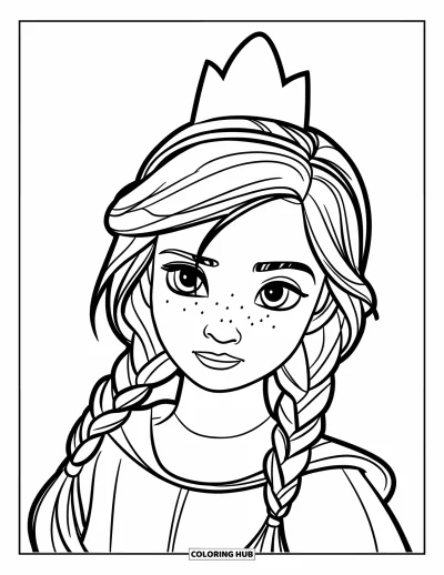 Dibujo para colorear de cara de niña para niños: Una niña con pelo trenzado y una corona tiene una expresión firme y segura sobre un fondo en blanco