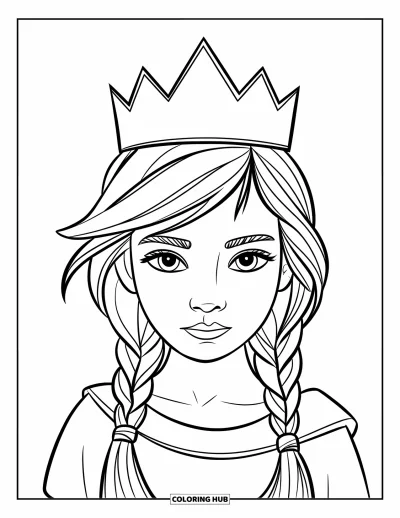 Dibujo para colorear de cara de niña para niños: Una niña con pelo trenzado y una corona está de pie sobre un fondo sencillo, con la mirada firme