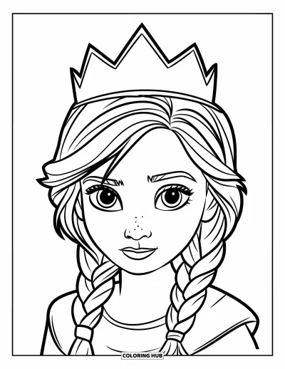Dibujo para colorear de cara de niña para niños: Una niña con pelo trenzado y una corona sencilla tiene una mirada fuerte y decidida