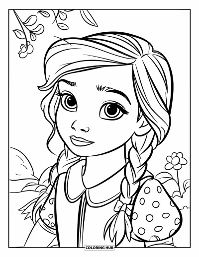 Dibujo para colorear de cara de niña para niños: Una niña con trenzas y una mirada pensativa lleva un vestido de lunares con un cuello amarillo