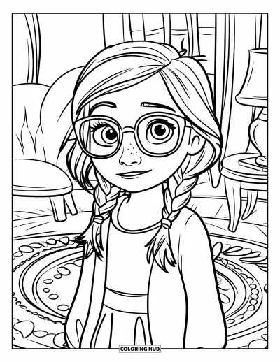 Dibujo para colorear de cara de niña para niños: Una niña con trenzas y gafas explora una habitación acogedora con una alfombra estampada y muebles