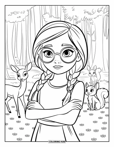 Dibujo para colorear de cara de niña para niños: Una niña con trenzas y gafas está rodeada de animales del bosque en un bosque mágico