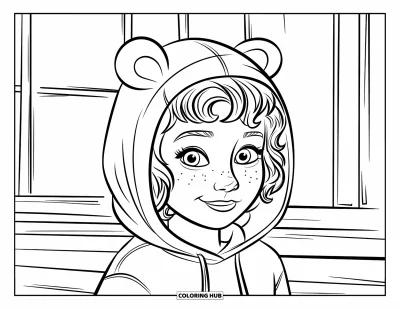 Dibujo para colorear de cara de niña para niños: Una niña con pelo rizado y un suéter con capucha sonríe alegremente frente a una ventana