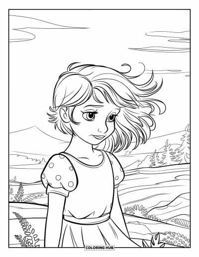 Dibujo de caras de niñas para colorear para niños: Una niña de cabello rizado y vestido de lunares está sobre terreno rocoso frente a un paisaje amplio