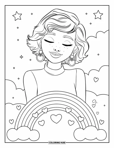 Dibujo de caras de niñas para colorear para niños: Una niña de cabello rizado y grandes aretes está sobre una nube rodeada de arcoíris y corazones