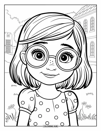 Dibujo para colorear de cara de niña para niños: Una niña con gafas y un vestido de lunares está de pie en un campo de hierba con flores cerca