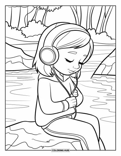 Dibujo para colorear de cara de niña para niños: Una niña con auriculares y los ojos cerrados se relaja cerca de una tranquila masa de agua