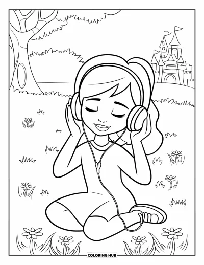 Dibujo para colorear de cara de niña para niños: Una niña con auriculares escucha música mientras está sentada en un campo de hierba con flores