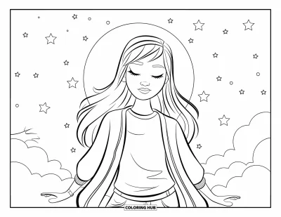 Dibujo para colorear de cara de niña para niños: Una niña con pelo largo y oscuro y los ojos cerrados está de pie sobre una nube bajo una luna brillante