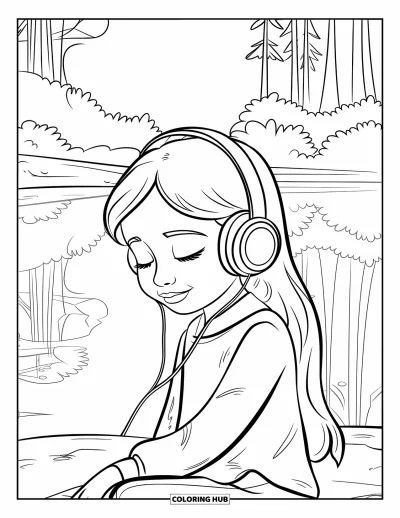 Dibujo para colorear de cara de niña para niños: Una niña con pelo largo disfruta de la música mientras está sentada en una roca cerca de un lago reflectante