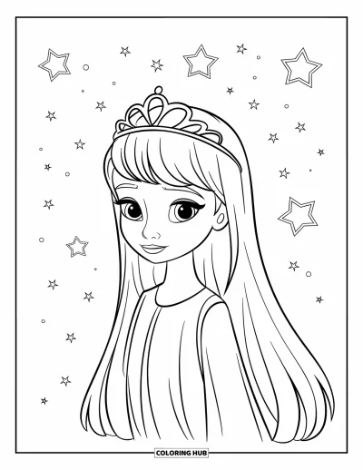 Dibujo para colorear de cara de niña para niños: Una niña con pelo largo y liso y una tiara sencilla está rodeada de estrellas flotantes