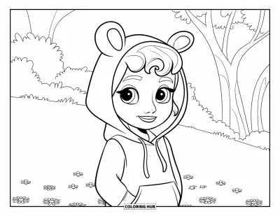 Dibujo para colorear de cara de niña para niños: Una niña con pelo corto y rizado y una sudadera con capucha de orejas está de pie felizmente en un campo lleno de flores