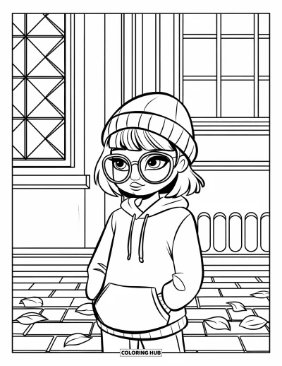 Dibujo para colorear de cara de niña para niños: Una niña con pelo corto, gafas y una sudadera con capucha está de pie sobre pavimento de ladrillo cerca de un edificio de la ciudad